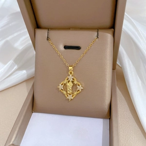 Luxurious gold titanium steel necklace with square portrait pendant and crystal inlay