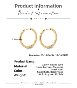 Detailed view of polished gold stainless steel hoop earrings in various sizes from 8mm to 20mm