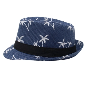 Navy blue fedora straw hat with white coconut tree print for summer beach vacations