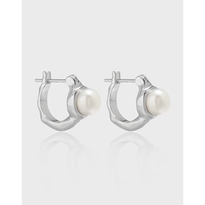 Orecchini a Cerchio a C in Argento Sterling S925 con Perla d'Acqua Dolce Gioielli Donna Placcati in Oro Bianco