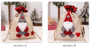 Linen Christmas drawstring gift bags featuring gnome dolls in models A and B