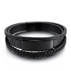 Men's triple-layer black leather bracelet with a polished metal plate and magnetic clasp