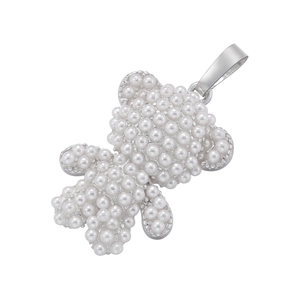 Close-up of cute silver bear pendant featuring glossy white pearls and a metallic bail