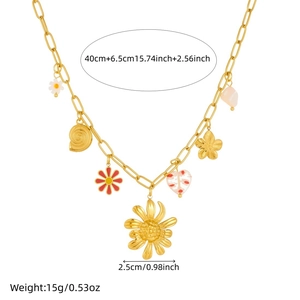 Gold sunflower and heart charm necklace with colorful beads on a 40cm stainless steel chain