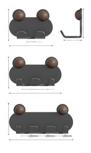 Detailed size specifications for gray wall-mounted plug hooks in one, two, and three hook styles