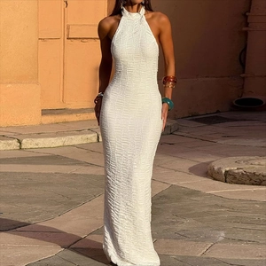 Women Sexy Halter Backless Maxi Dress Ruched Textured Knit Slim Fit Tie Neck Summer Vacation Party Elegant White