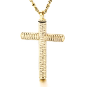 Pendentif croix en acier inoxydable doré avec motif losange sur une chaîne torsadée