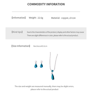 Detailspezifikationen für das blaue Zirkon-Schmuckset mit Maßen für Kette und Ohrringe
