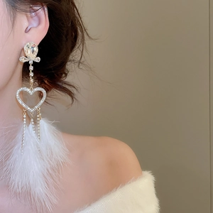 Detail of silver needle tassel earring with crystal heart and white feather on model