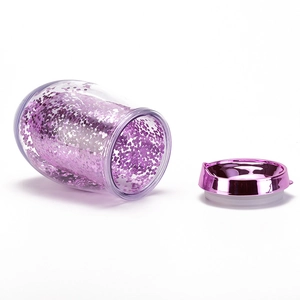 U-shaped 10oz double-walled glitter egg cup with purple sparkling sequins and lid