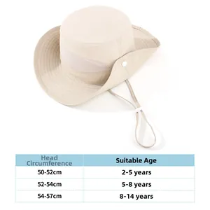 Kids sun hat size chart showing head circumference and age range for summer bucket hats