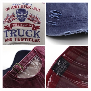 Distressed vintage cotton baseball cap with skull truck print and metal buckle
