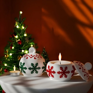 Portacandele natalizi in ceramica con fiocchi di neve rossi e verdi decorazione casa