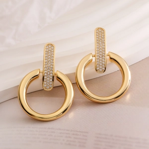 Chic 18K gold plated hoop earrings with zircon drop bars for women, luxury jewelry
