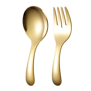 304 stainless steel gold dessert spoon and fork set for outdoor travel on white background