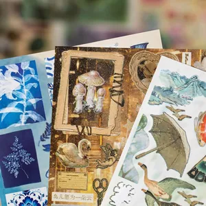 Vintage pearlescent stickers featuring swan and mushroom illustrations for DIY journals