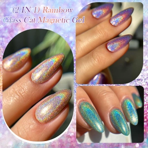 Macro detail of 2-in-1 rainbow glass cat magnetic gel polish effects on nails