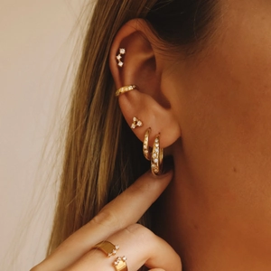 Detailed close-up of S925 sterling silver flower zircon earrings and rings on model