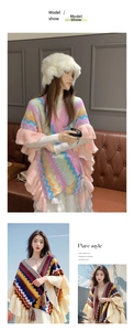 Detail of colorful bohemian poncho with knitted wavy patterns and soft fringe tassels
