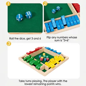 Classic wooden Shut the Box dice game with green felt and four-color numbered tiles