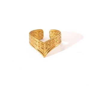 Polished gold V-shaped open ring with textured grid pattern and adjustable band