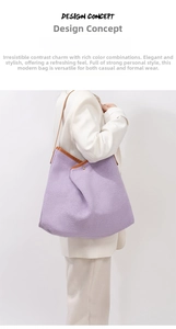 Detail of woven light purple tote with brown leather straps for commuting and beach