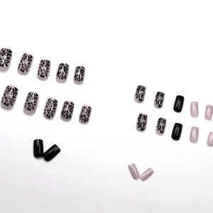 Leopard print and matte black press-on nail kit with pink glitter square short nails
