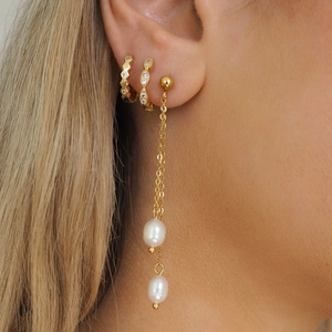 Close-up of elegant s925 silver gold tassel pearl drop earrings worn on a model ear