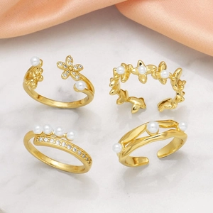 Adjustable Open Ring Copper Gold Plated With Artificial Pearl Zircon Flower Elegant Jewelry For Women