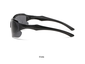 Side view of black polarized sports cycling sunglasses with streamlined aerodynamic frames