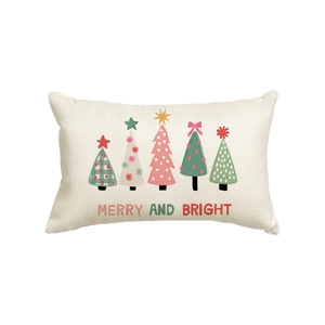 Linen Christmas pillow case with festive trees and Merry and Bright text on white background