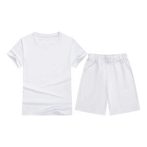 Kids short sleeve sports set in white cotton fabric with t-shirt and elastic shorts