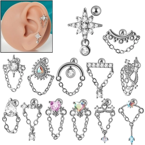 Boucles D'oreilles Piercing Cartilage En Acier Inoxydable Avec Chaînes Papillon Cœur Étoile Zircone Helix Tragus Bijoux
