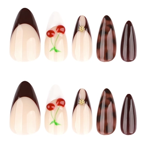3D cherry almond press-on nails with french brown tips and tortoise shell patterns