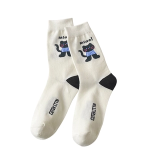 Cute off-white cotton mid-calf socks with black cat pattern and Miao letter printing