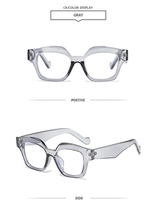 Detail view of transparent gray square sunglasses frame from front and side angles