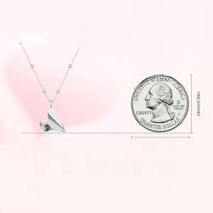 Detail of S925 sterling silver paper plane necklace with crystal and size dimensions