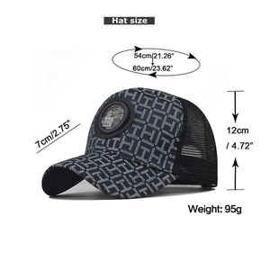 Detailed size specifications of gradient mesh baseball cap with triangle emblem