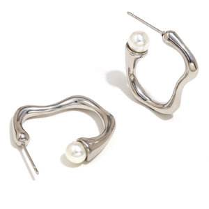 Minimalist silver-plated stainless steel C-shape earrings with white pearls for women
