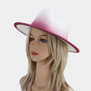 Detailed view of the gradient wool fedora hat transition from white to burgundy