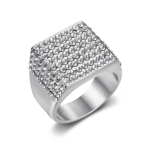 Men's square hip-hop signet ring in gold-plated steel with iced-out pave crystals