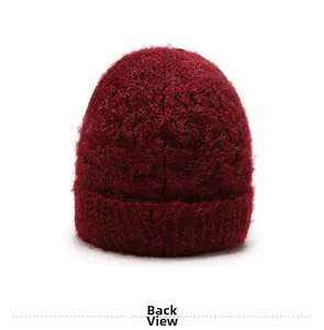 Detailed back view of dark red knit hat with soft mohair texture and thick fleece lining