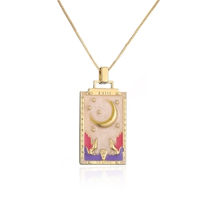 Detail of 18K gold-plated tarot moon pendant necklace with pink oil painting texture