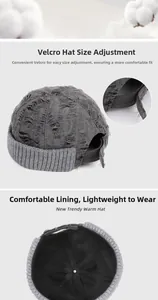 Detail view of a vintage grey docker hat with adjustable velcro strap and distressed knit