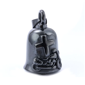 Black stainless steel motorcycle guardian bell pendant with embossed cross and engine details