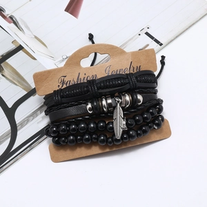 Men's multilayer beaded leather bracelet set with vintage feather pendant on card