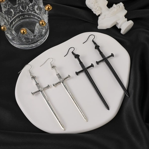 Gothic long sword dangle earrings in silver and black metal for a punk vintage look
