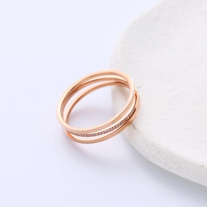 Three-layer rose gold titanium steel ring with sparkling white zircon pavé setting