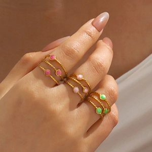 Three-layer colorful enamel bead stackable ring in gold finish for women