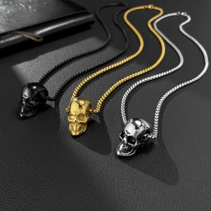 Men's punk skull pendant necklace in silver, gold, and black stainless steel options